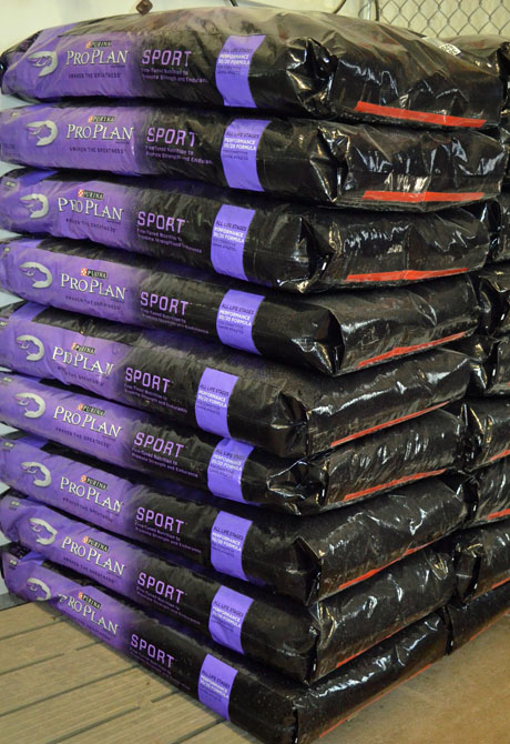 Dog food gets delivered to us by the pallet. When the kennel is humming, we go through about one bag every two days. We feed Pro Plan Sport All Life Stages Performance 30/20 to almost all dogs--whether young, old, dogs in for training, puppies or nursing dams. 